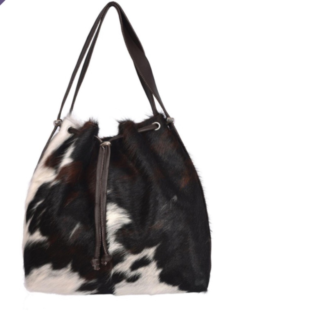 Cowhide Drawstring Shoulder Bag in Black, White & Brown